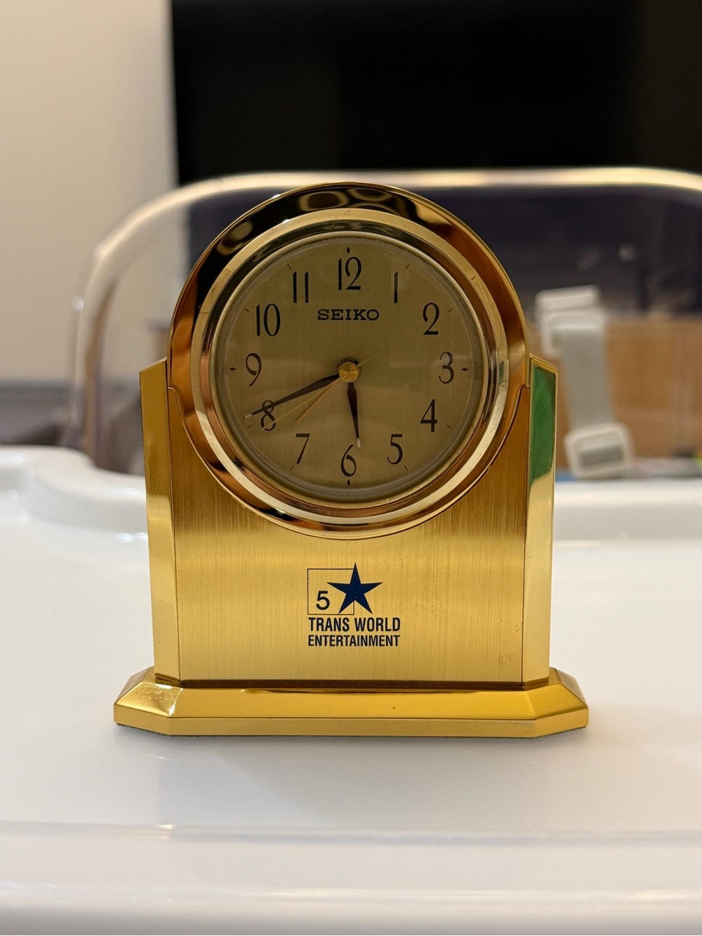 Vintage Seiko QHG202G Brass Desk Clock Trans World Entertainment 5 Yr Service
